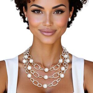 Chain Silver Parisian Chic White Pearl Necklace Set